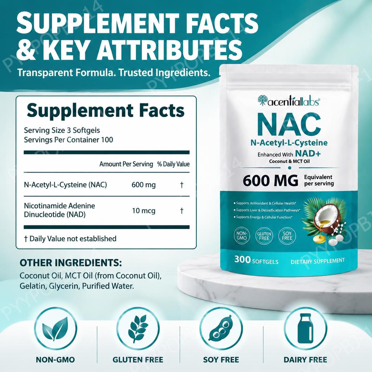 AcentiaLabs NAC Softgels with  - Mct Oil Coconut 评论和价格